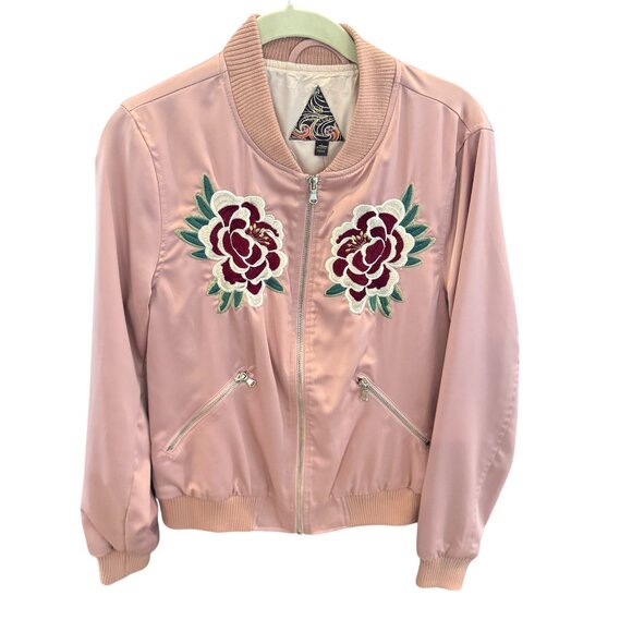 Signature8 Pink Satin Bomber Jacket NWT Women’s Small Floral Embroidered Zip Up - Picture 1 of 7